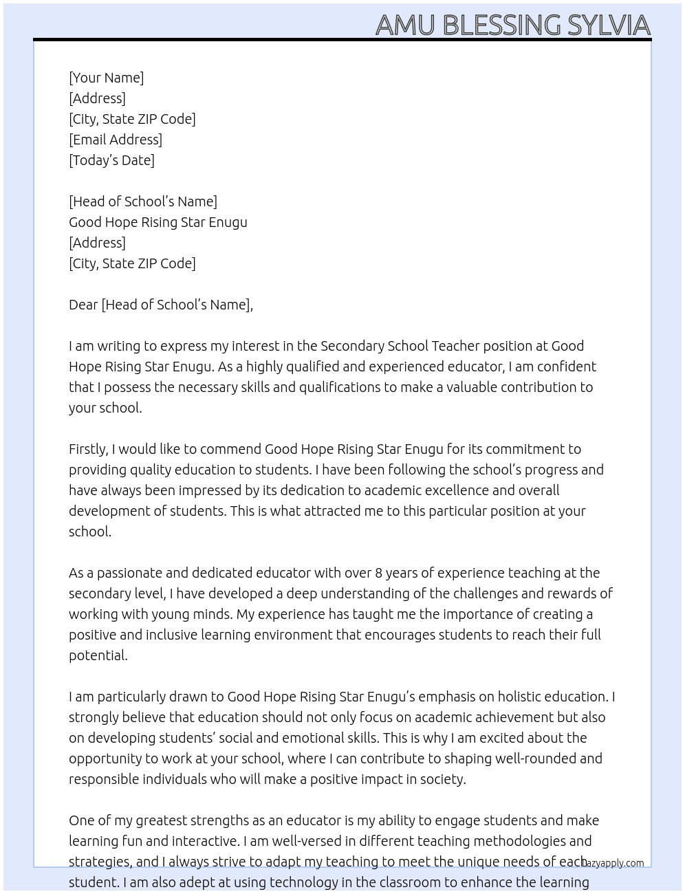 Secondary school teacher At Good Hope rising Star Enugu Cover Letter