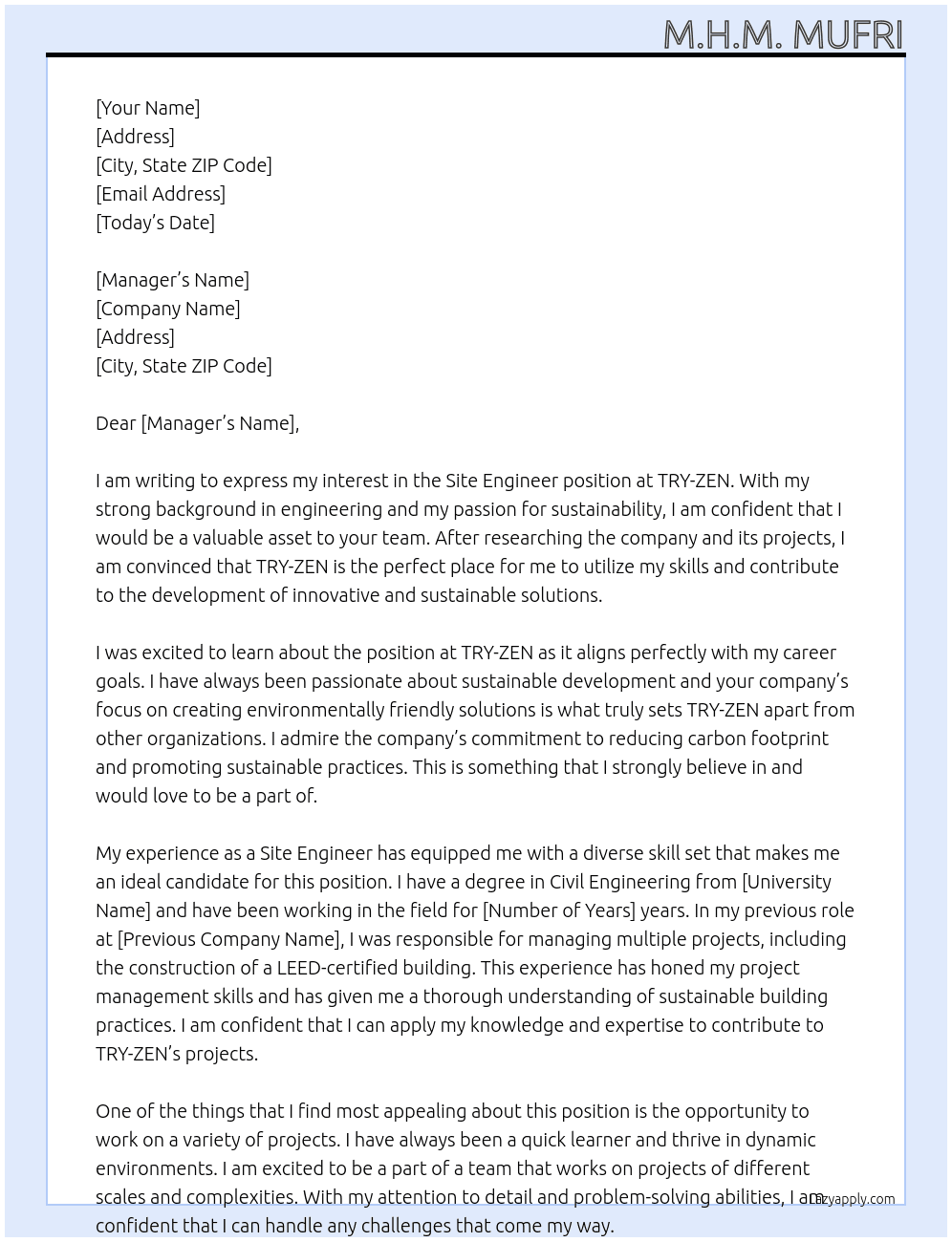 Site engineer  At TRY-ZEN Cover Letter