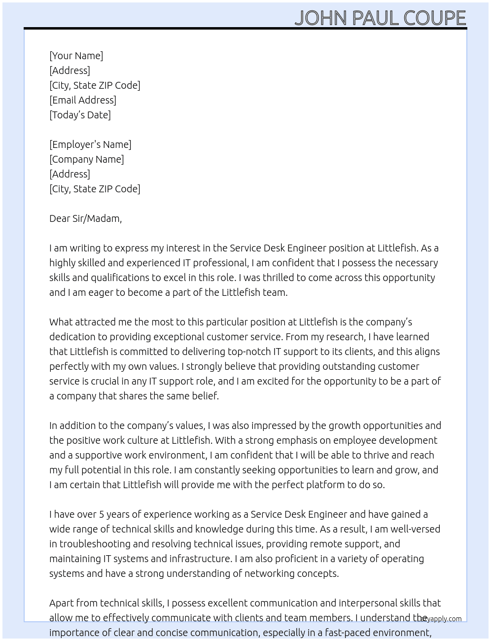Service Desk Engineer At Littlefish Cover Letter