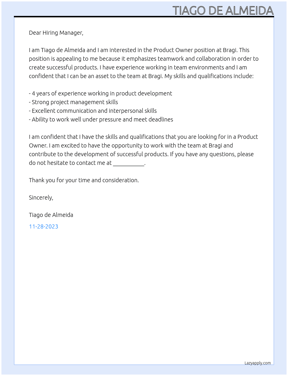 Product Owner At Bragi Cover Letter