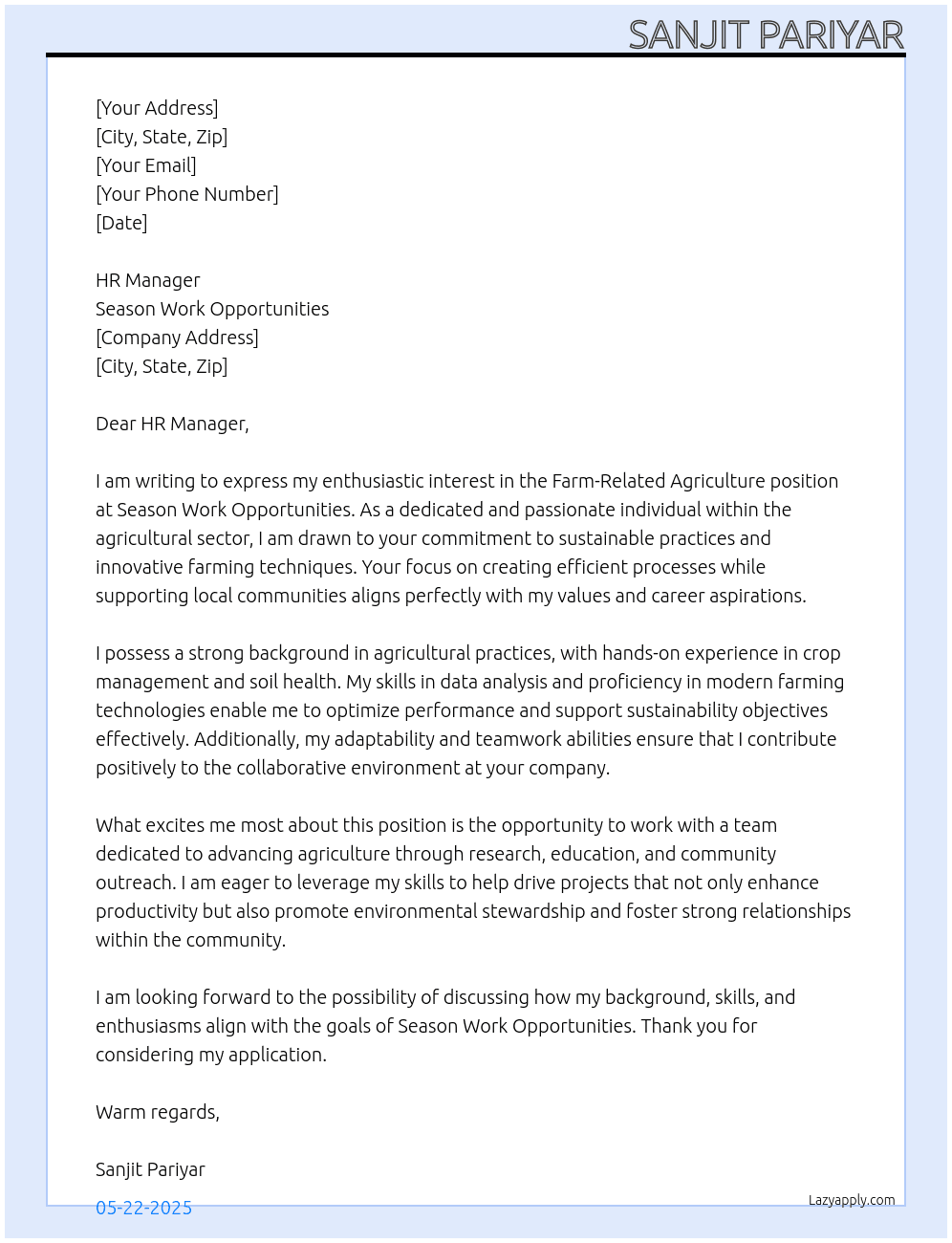 Farm related agriculture  At Season work opportunities  Cover Letter