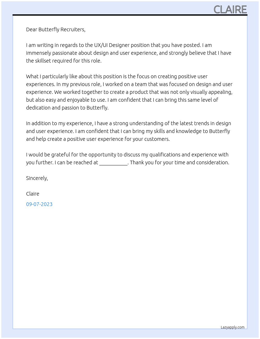 UX/UI Designer At Butterfly Cover Letter