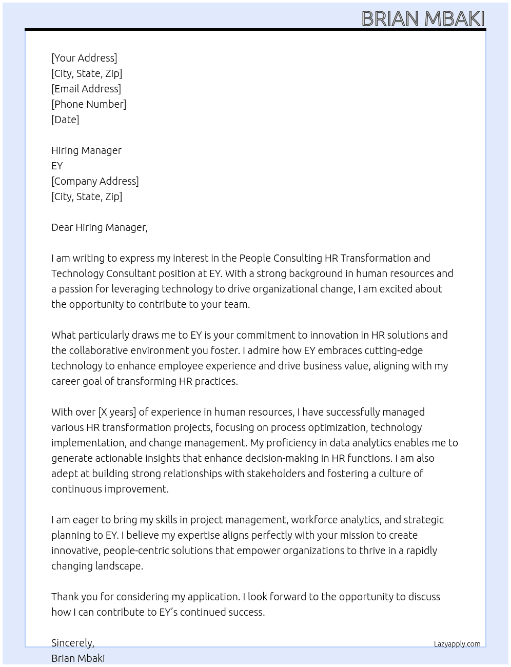 Cover letter for people consulting hr transformation and technology consultants - LazyApply