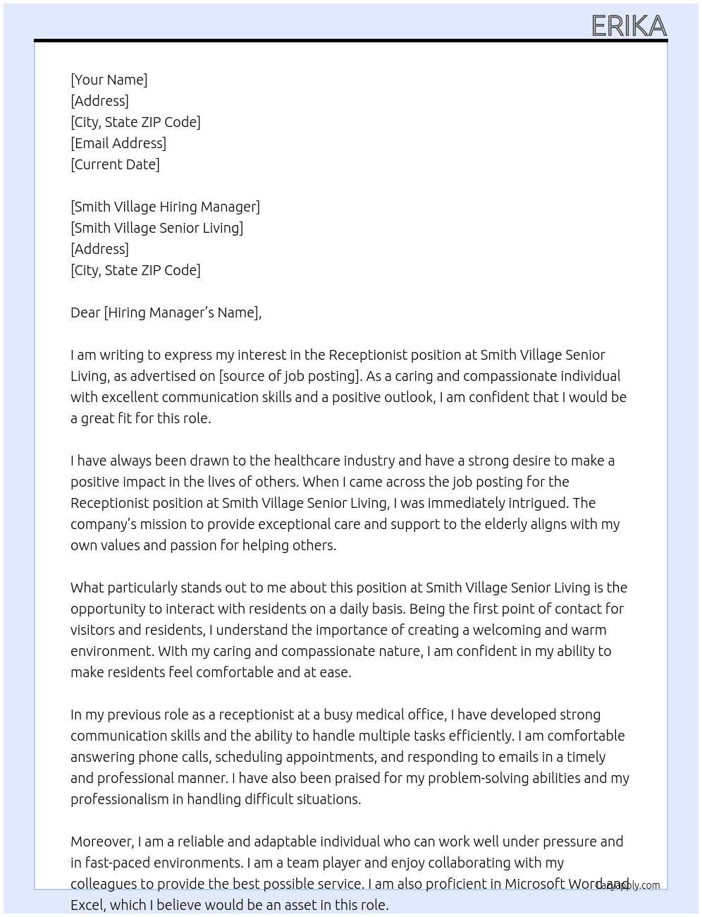 Receptionist At Smith Village Senior Living Cover Letter