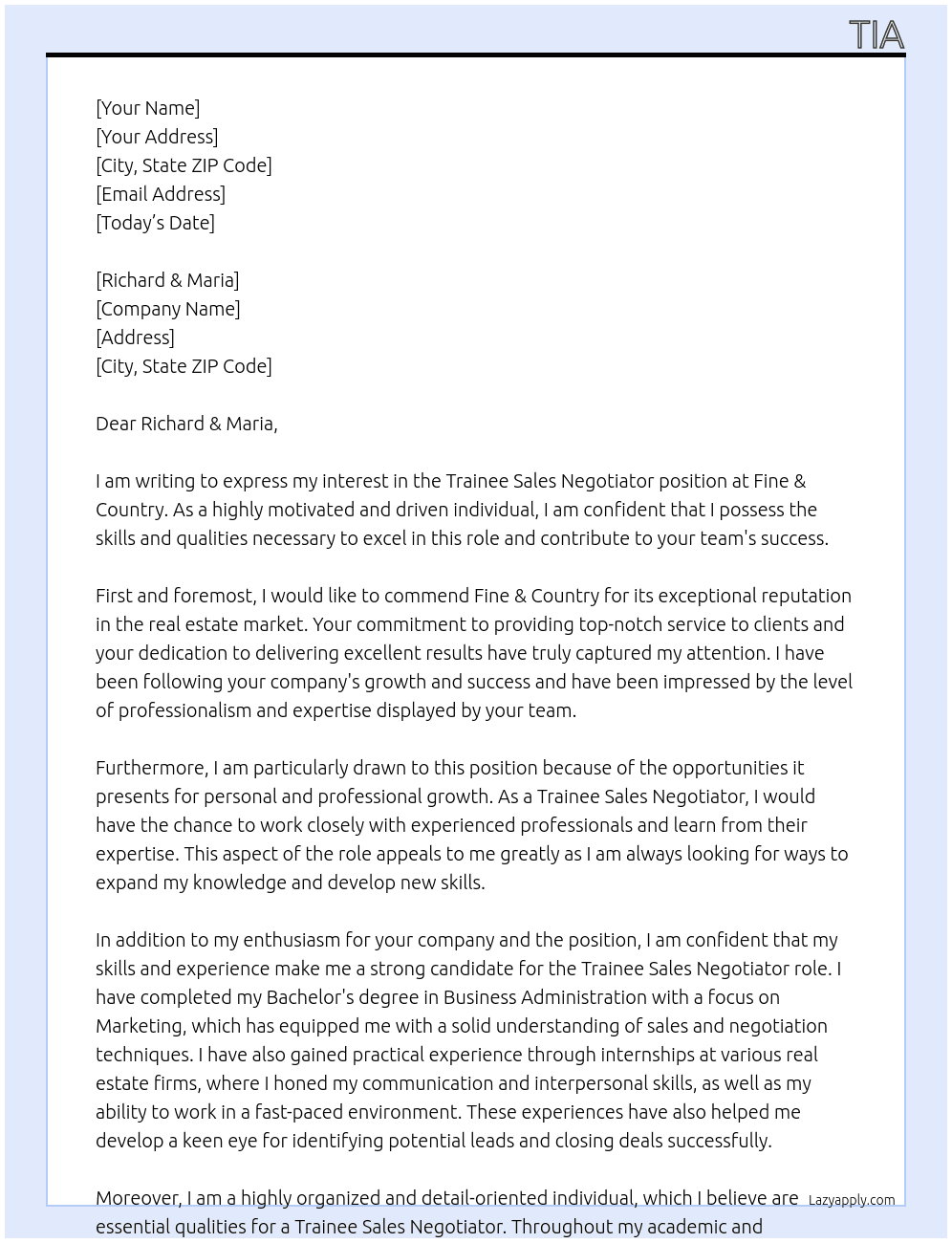 Trainee Sales Negotiator  At Fine & Country Cover Letter