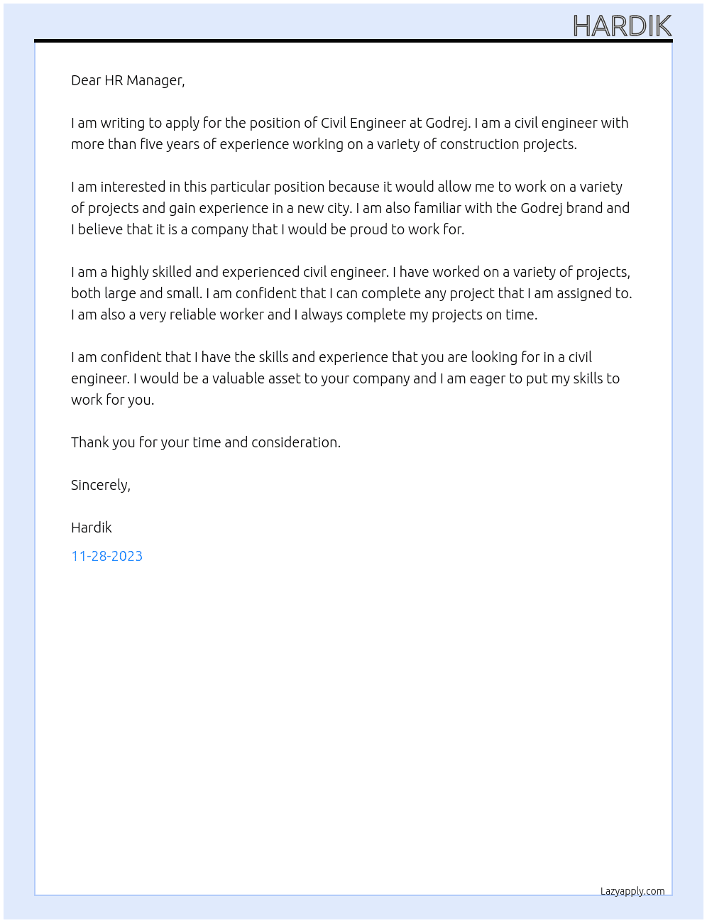 CIVIL ENGINEER  At GODREJ Cover Letter