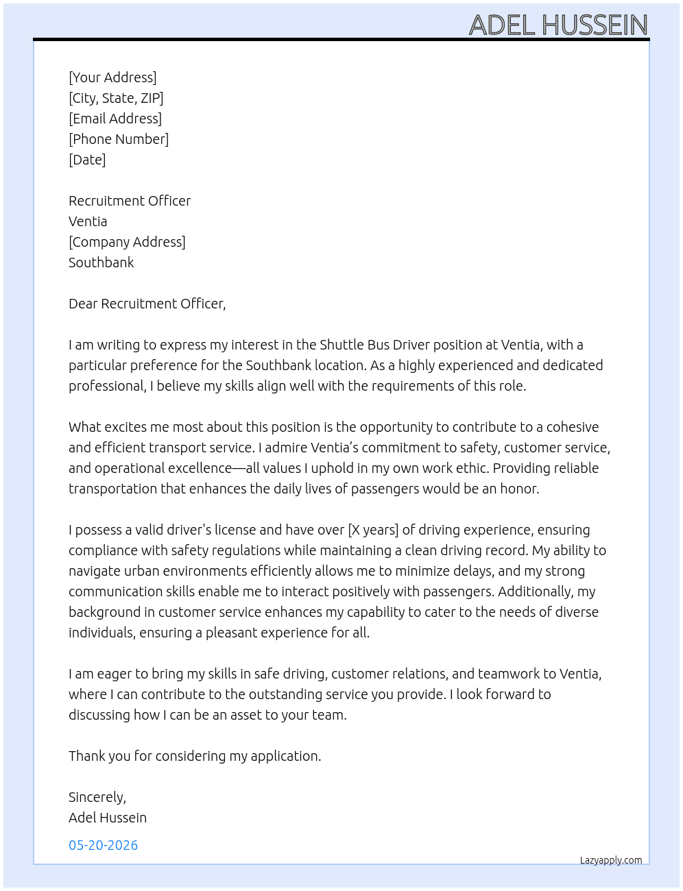 Cover letter for shuttle bus driver - LazyApply