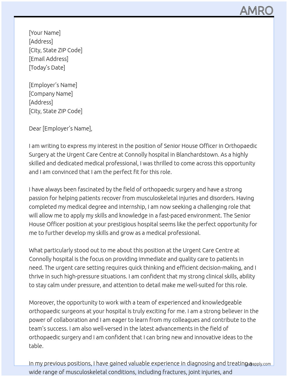 Senior House officer At  Urgent Care Centre at Connolly hospital in Blanchardstown. Cover Letter