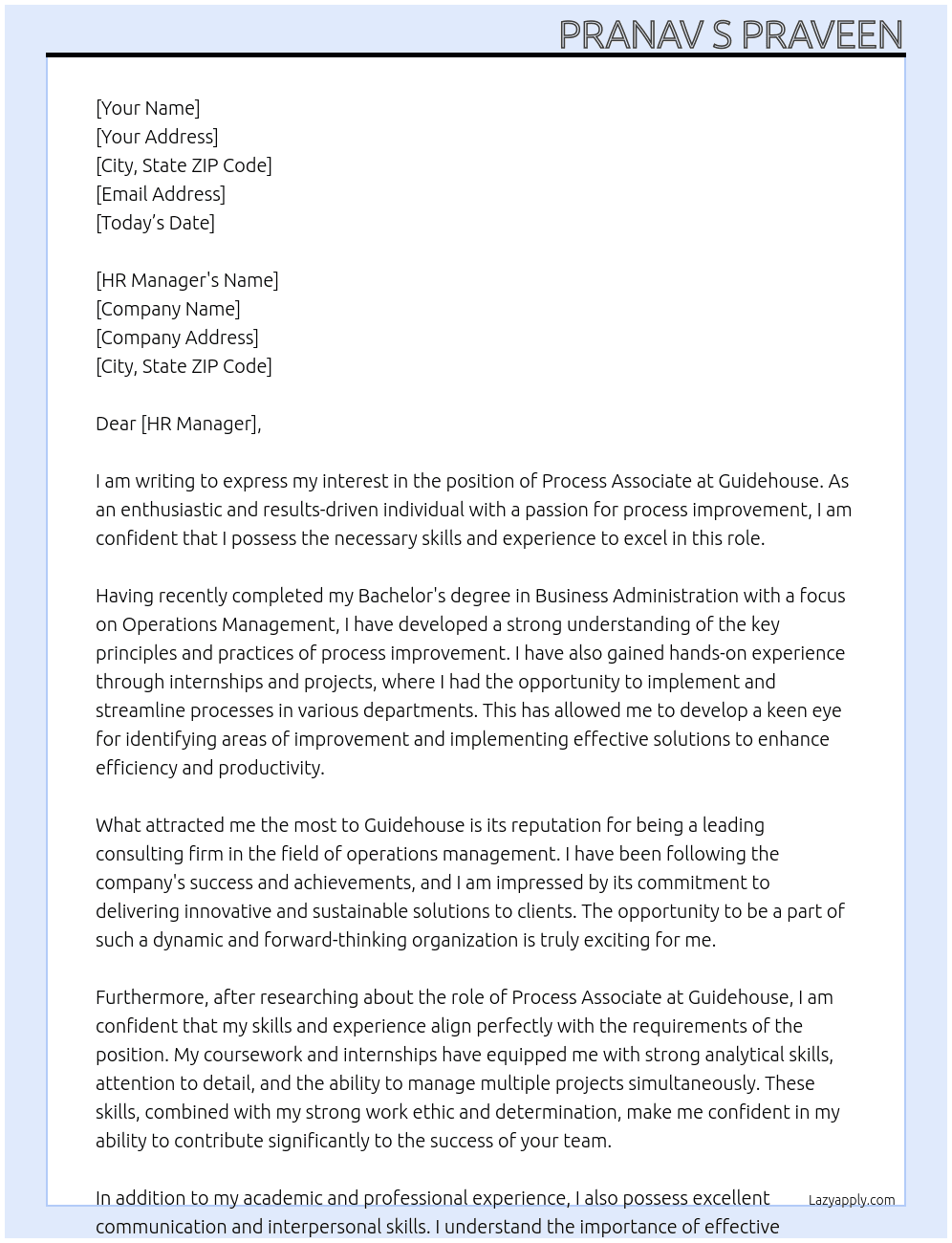 PROCESS ASSOCIATE At Guidehouse Cover Letter