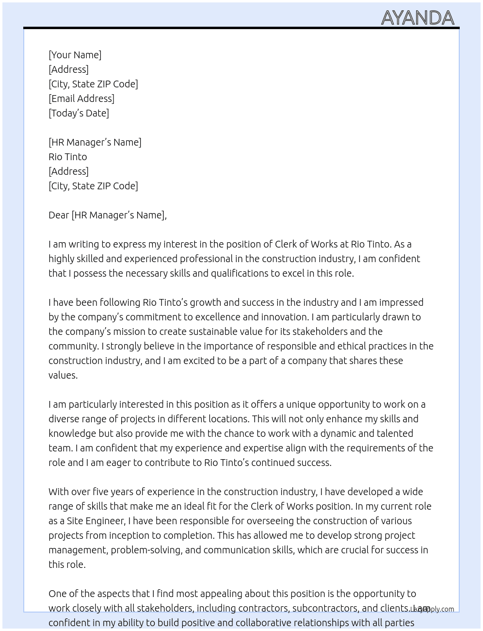Clerk of Works  At Rio Tino Cover Letter