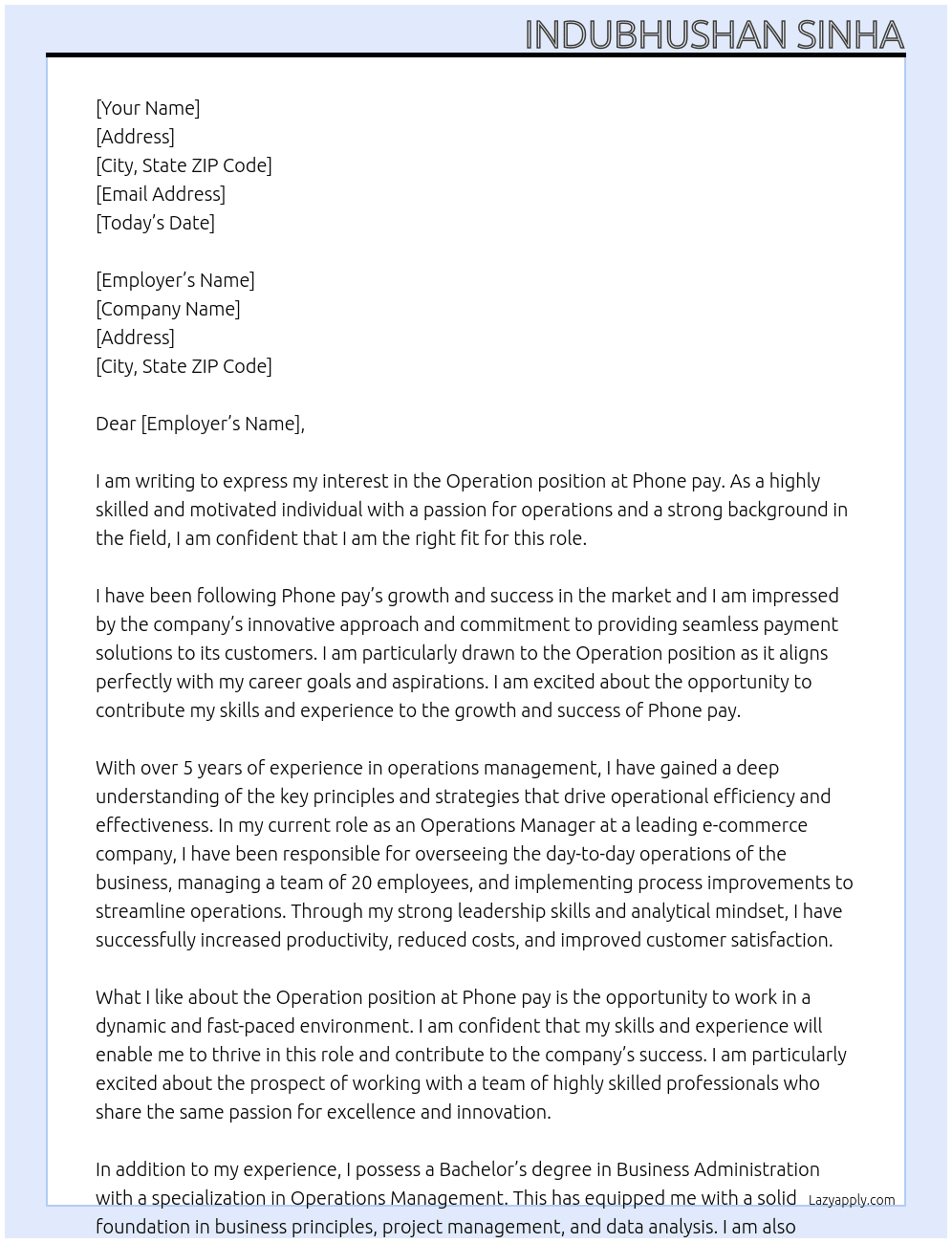 Operation At Phone pay Cover Letter