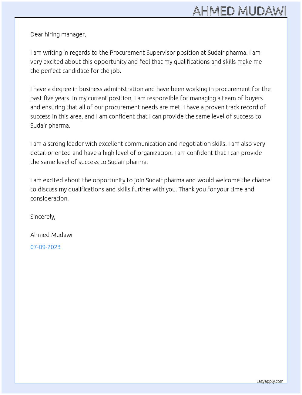 Procurement Supervisor At Sudair pharma Cover Letter