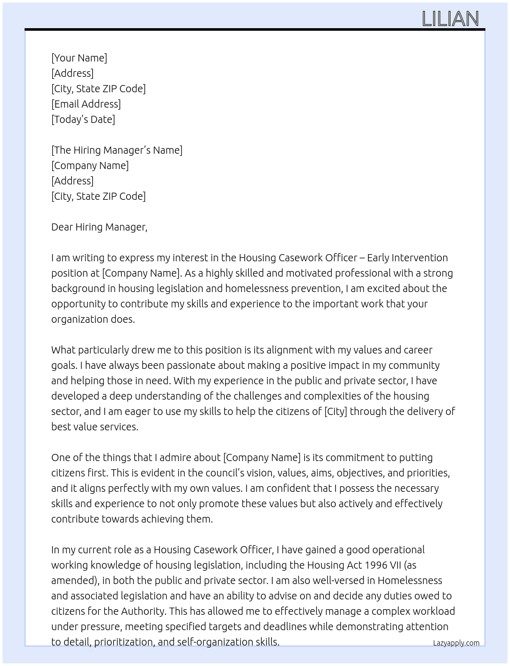 Housing Casework Officer – Early Intervention At The council Cover Letter