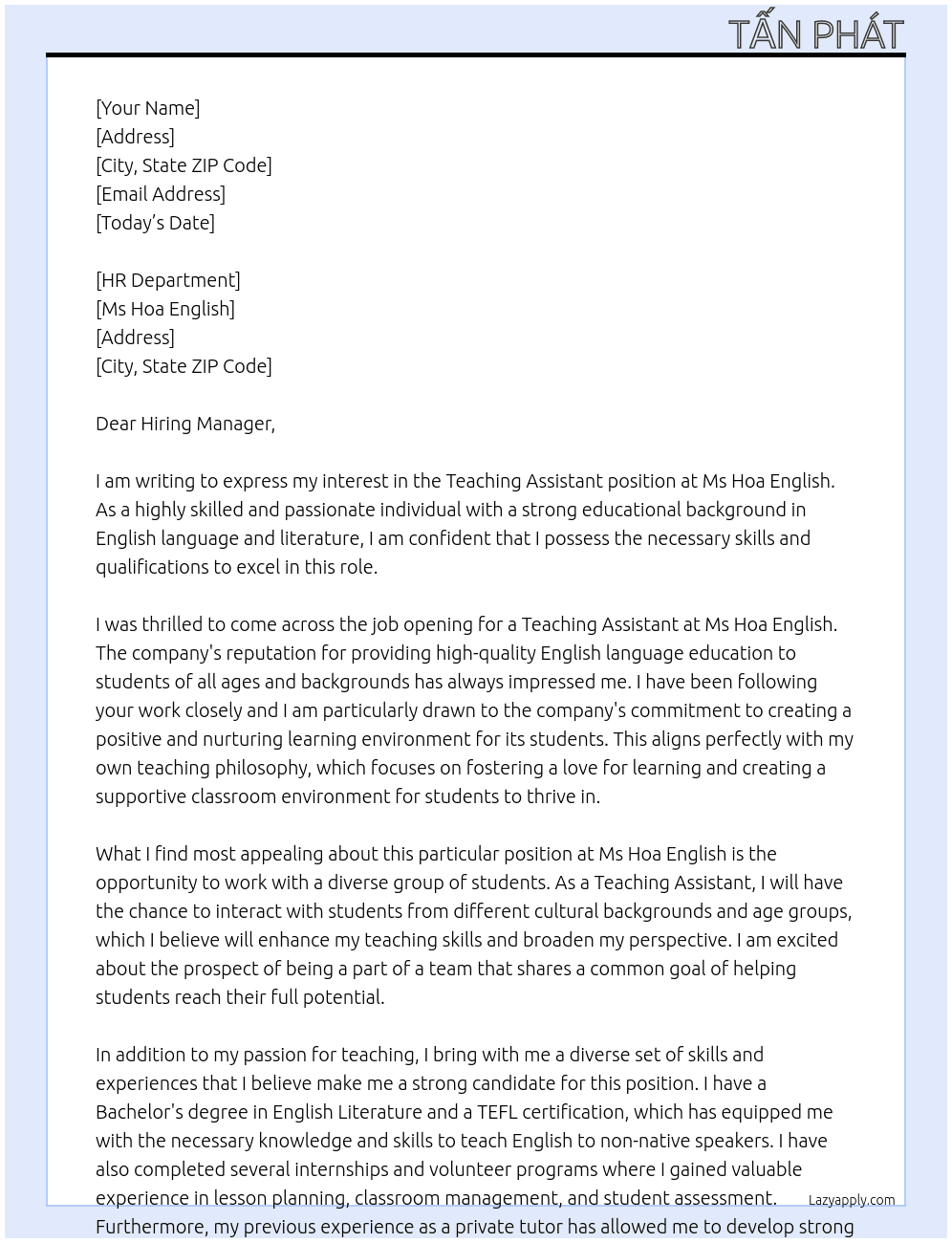 Teaching Assistant At Ms Hoa English Cover Letter