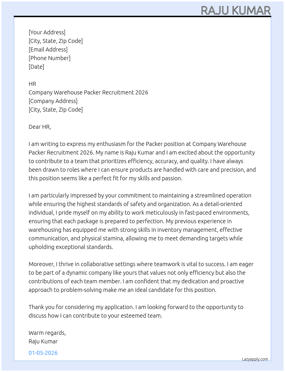 Packer At Company Warehouse Packer Recruitment 2026 Cover Letter