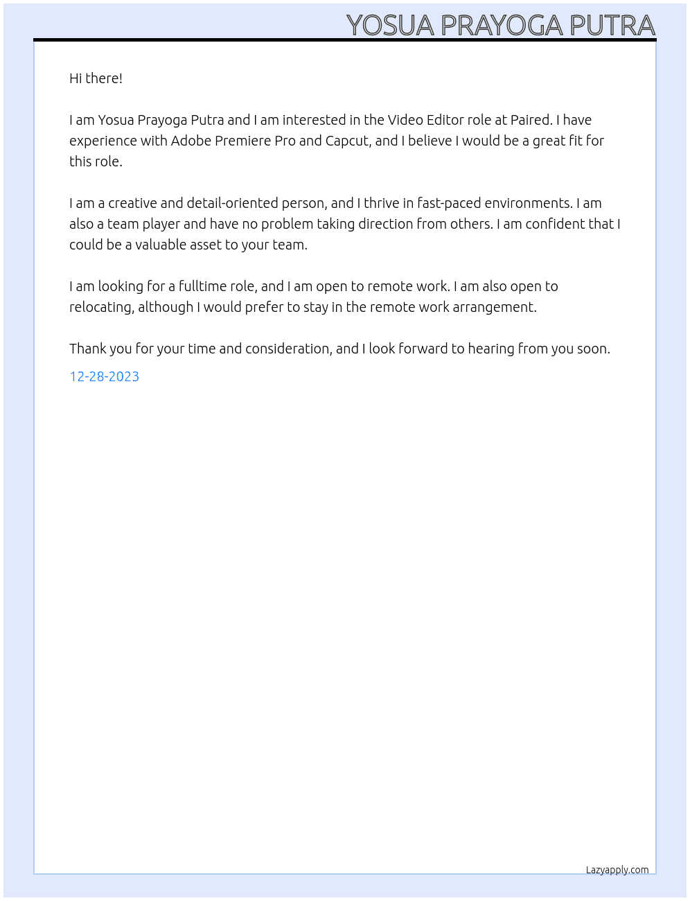 Video Editor At Paired Cover Letter