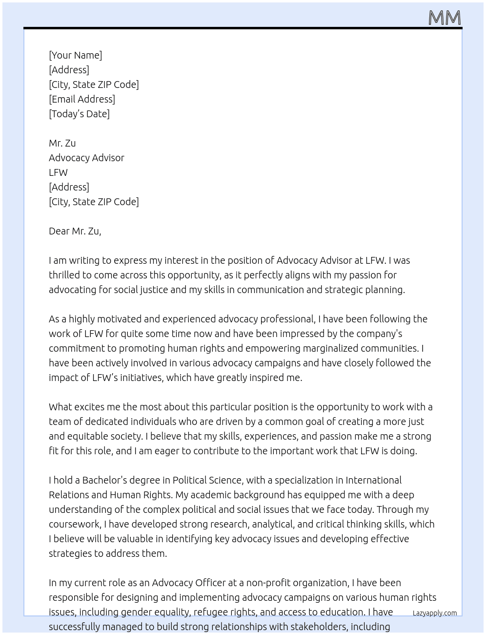 advocacy advisor At lfw Cover Letter