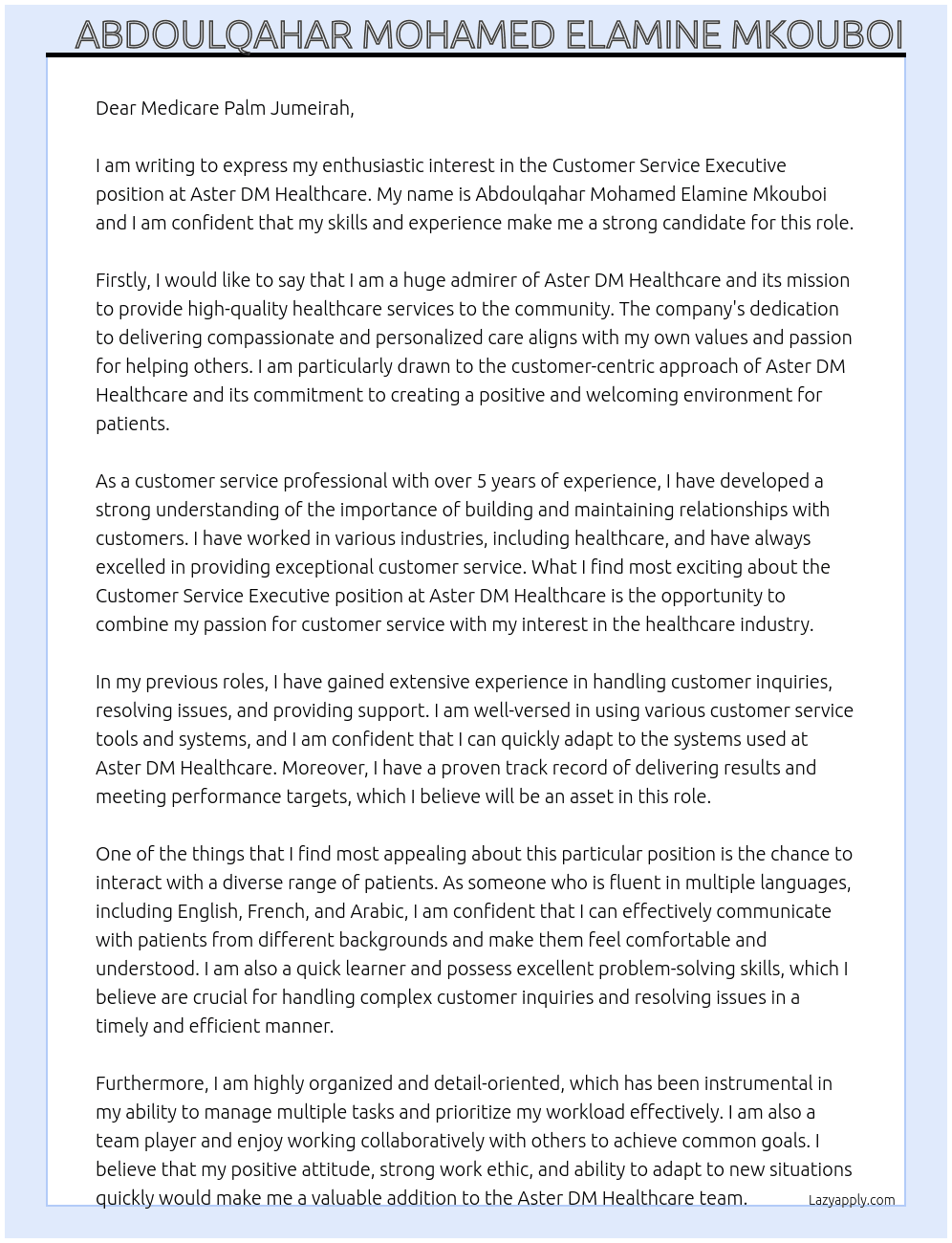 Customer Service Executive  At Aster DM Healthcare  Cover Letter
