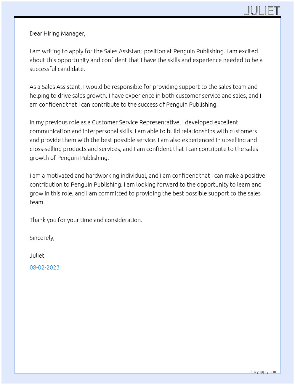 Sales Assistant  At Penguin Publishing  Cover Letter