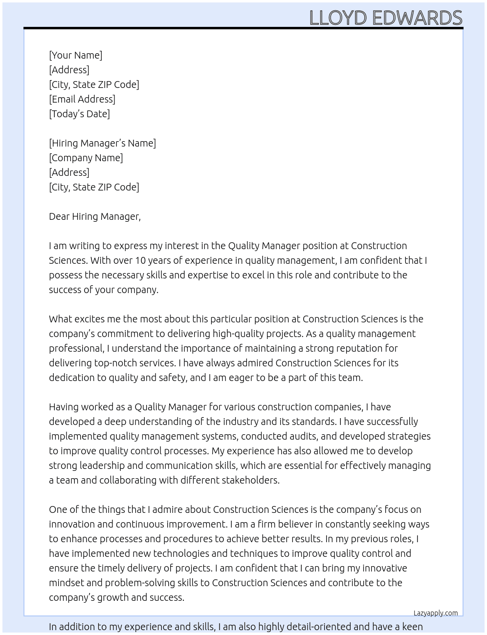Quality Manager At Construction Sciences Cover Letter