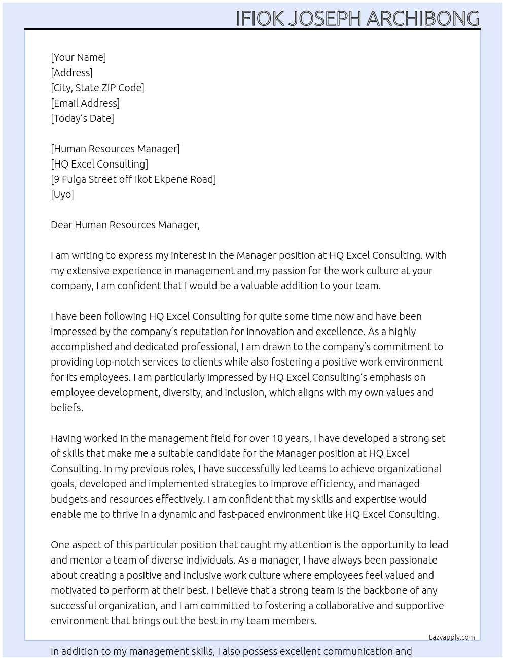 Manager  At Manager position Cover Letter