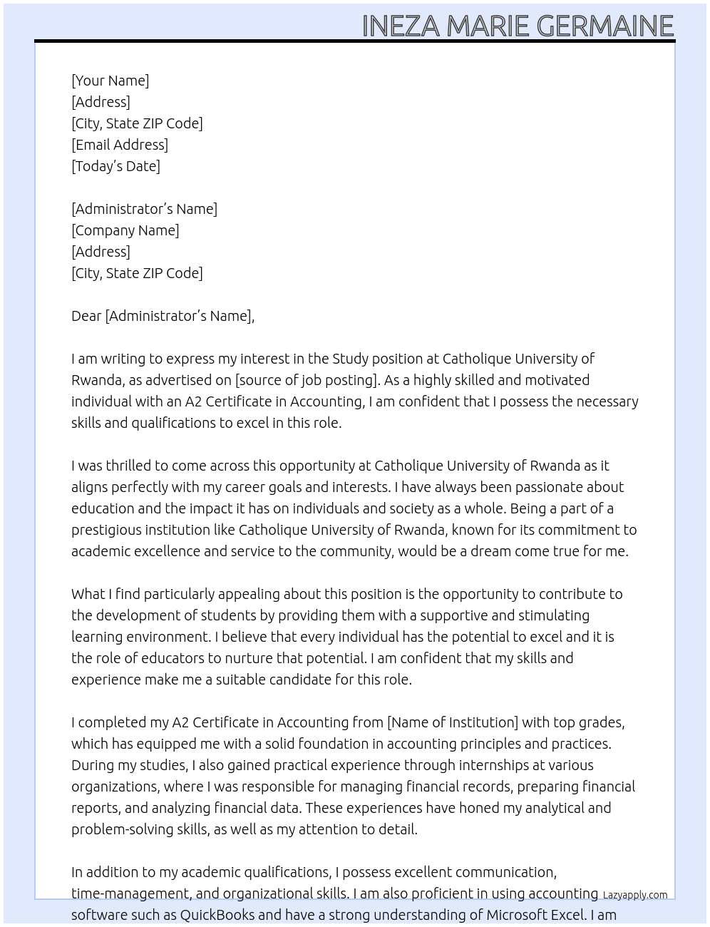study At Catholique unversity of rwanda  Cover Letter