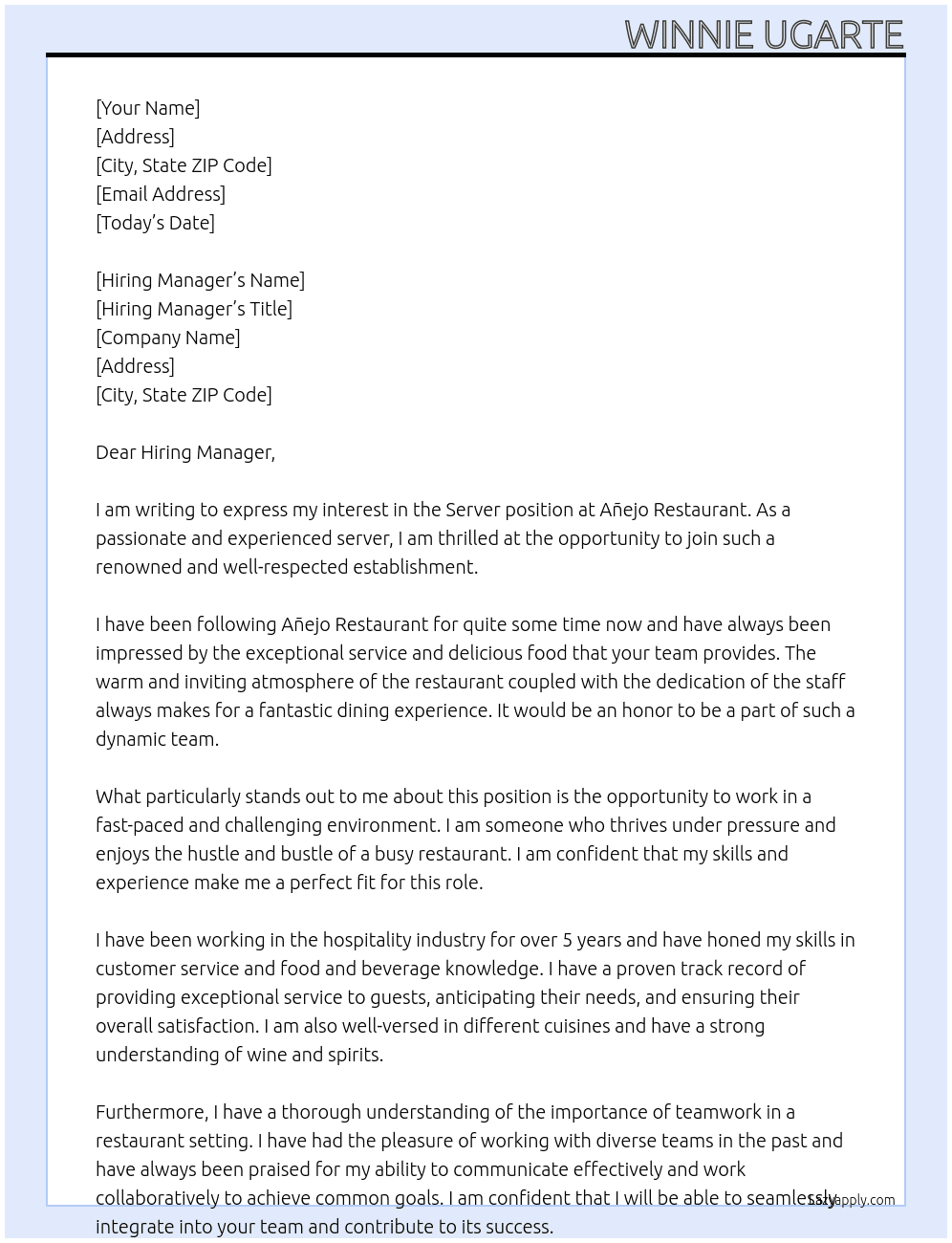 Server At Añejo Restaurant Cover Letter