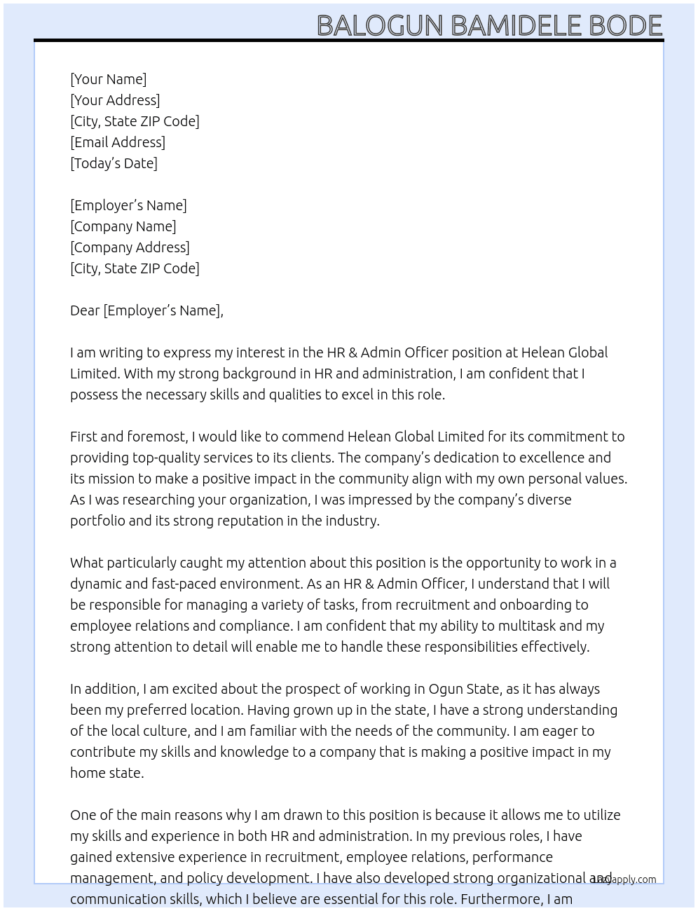 HR & ADMIN OFFICER At Helean Global Limited Cover Letter