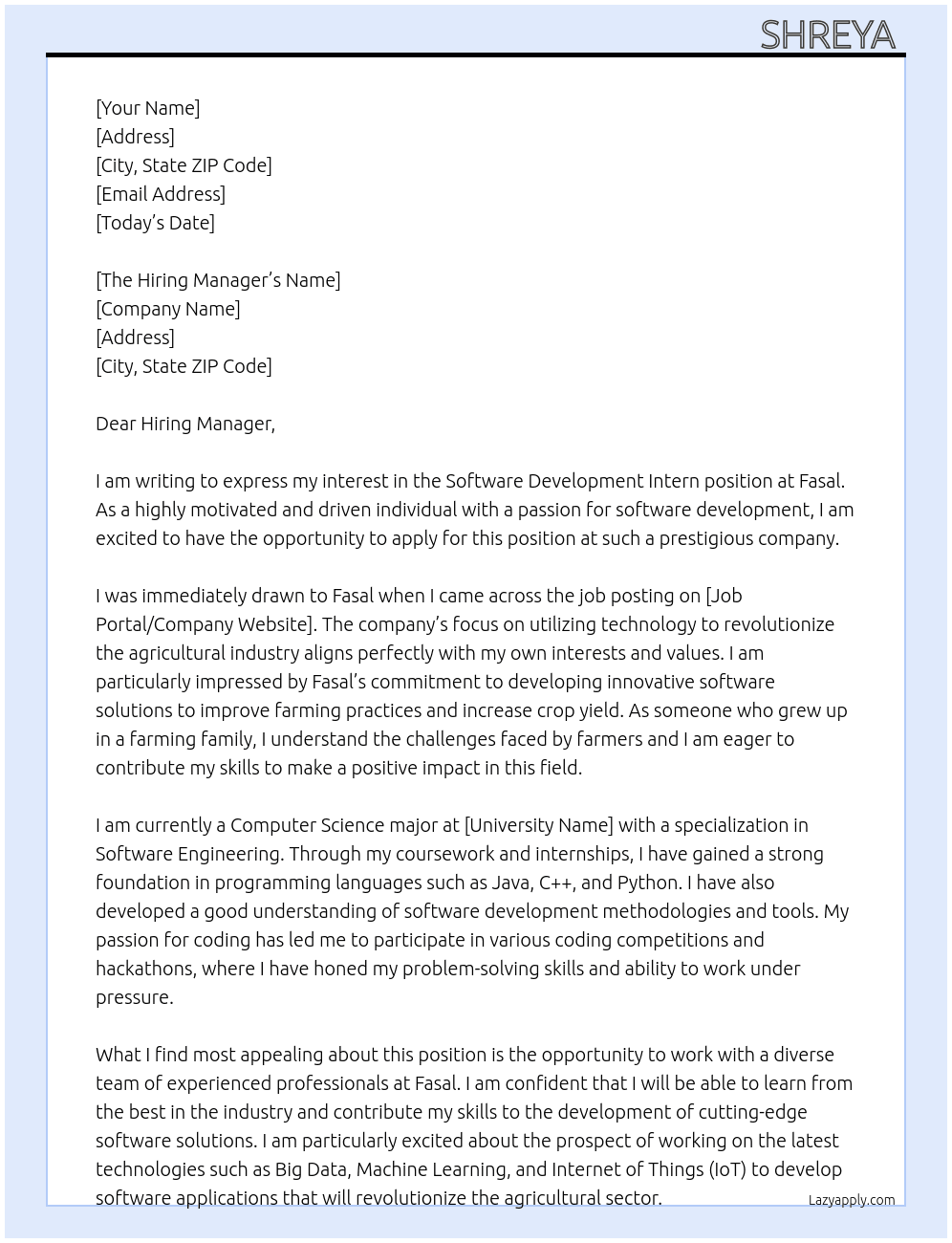 Software development Intern At Fasal Cover Letter