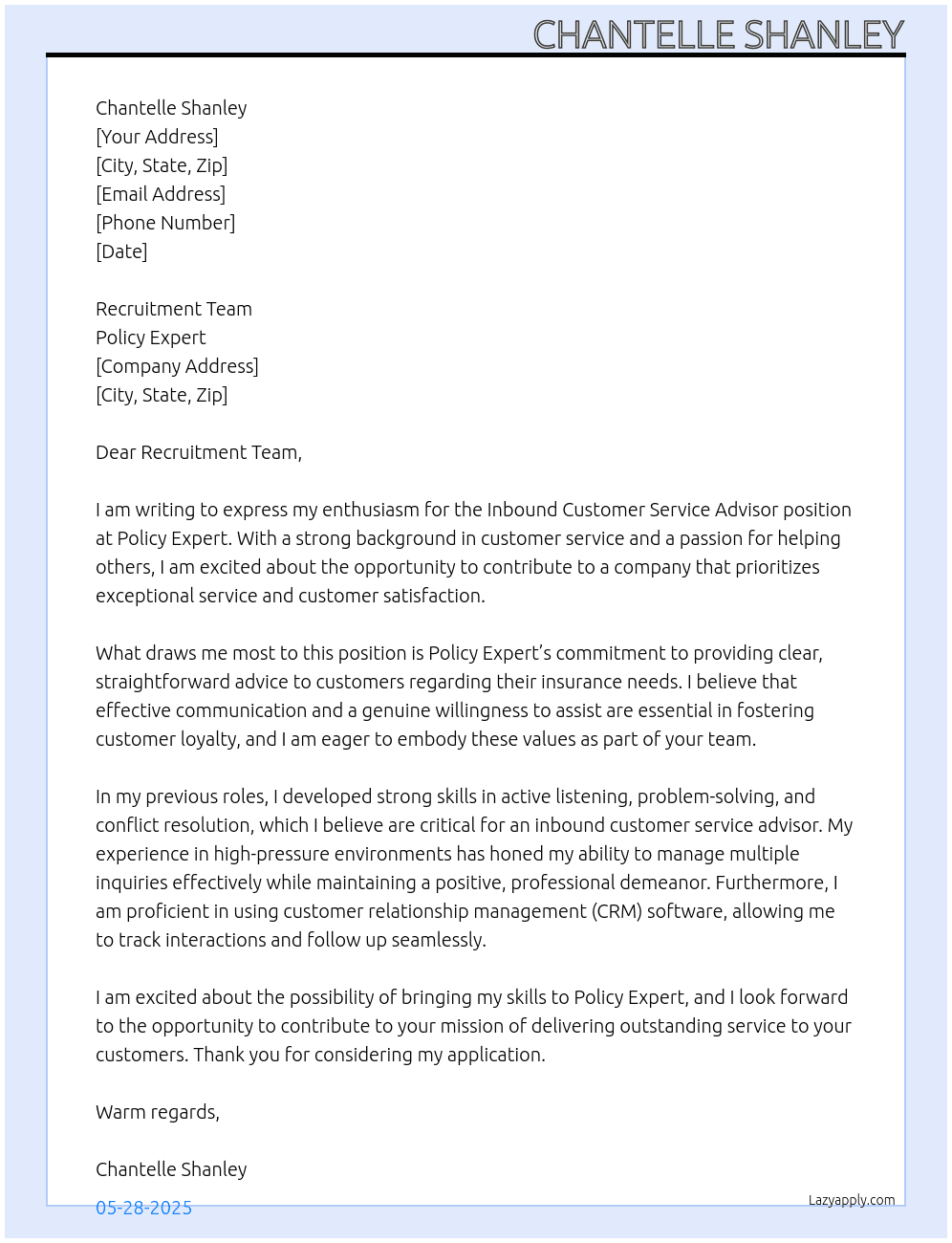 Inbound Customer Service Advisor At Policy Expert Cover Letter