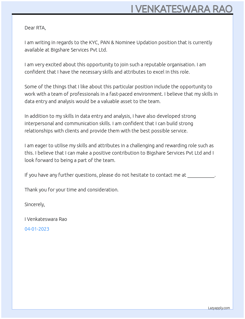 KYC, PAN & Nominee Updation At Bigshare Services Pvt Ltd Cover Letter