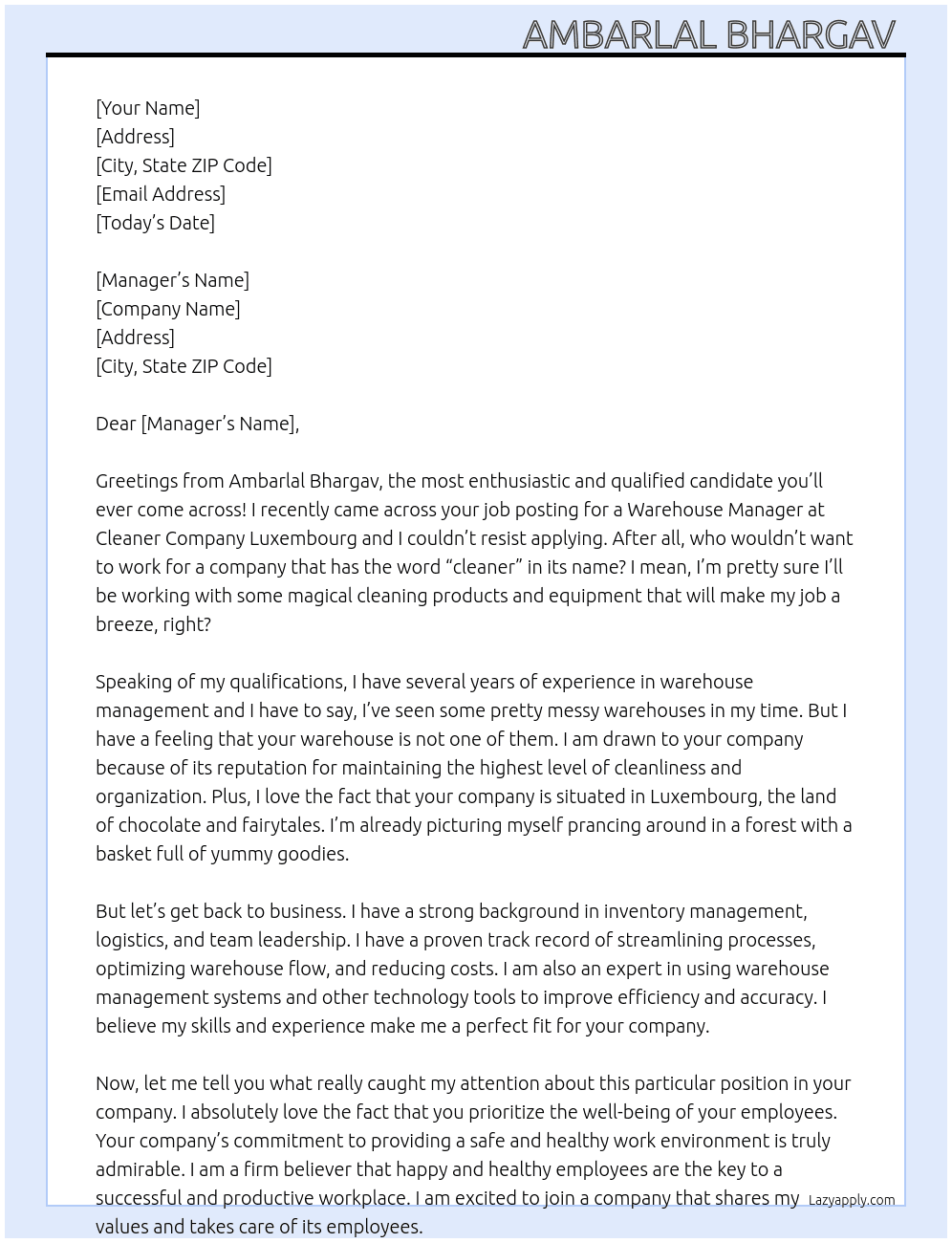 Warehouse At Cleaner company Luxembourg  Cover Letter