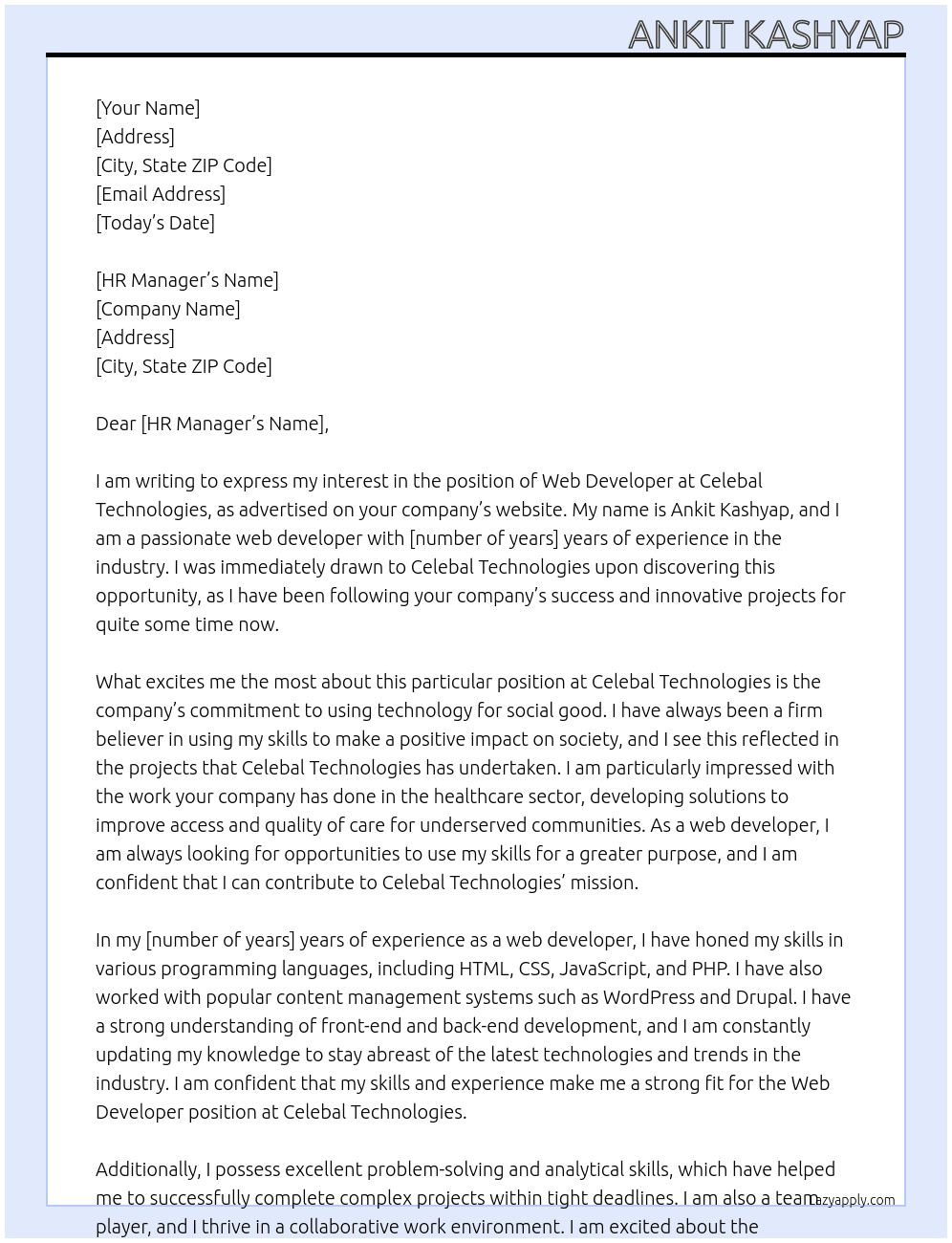 Web developer At Celebal Technologies Cover Letter