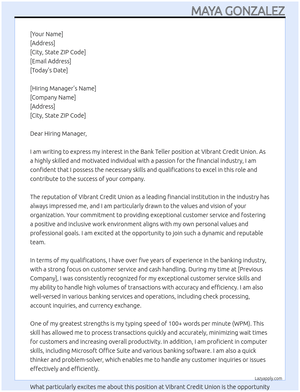 Bank Teller At Vibrant Credit Union Cover Letter