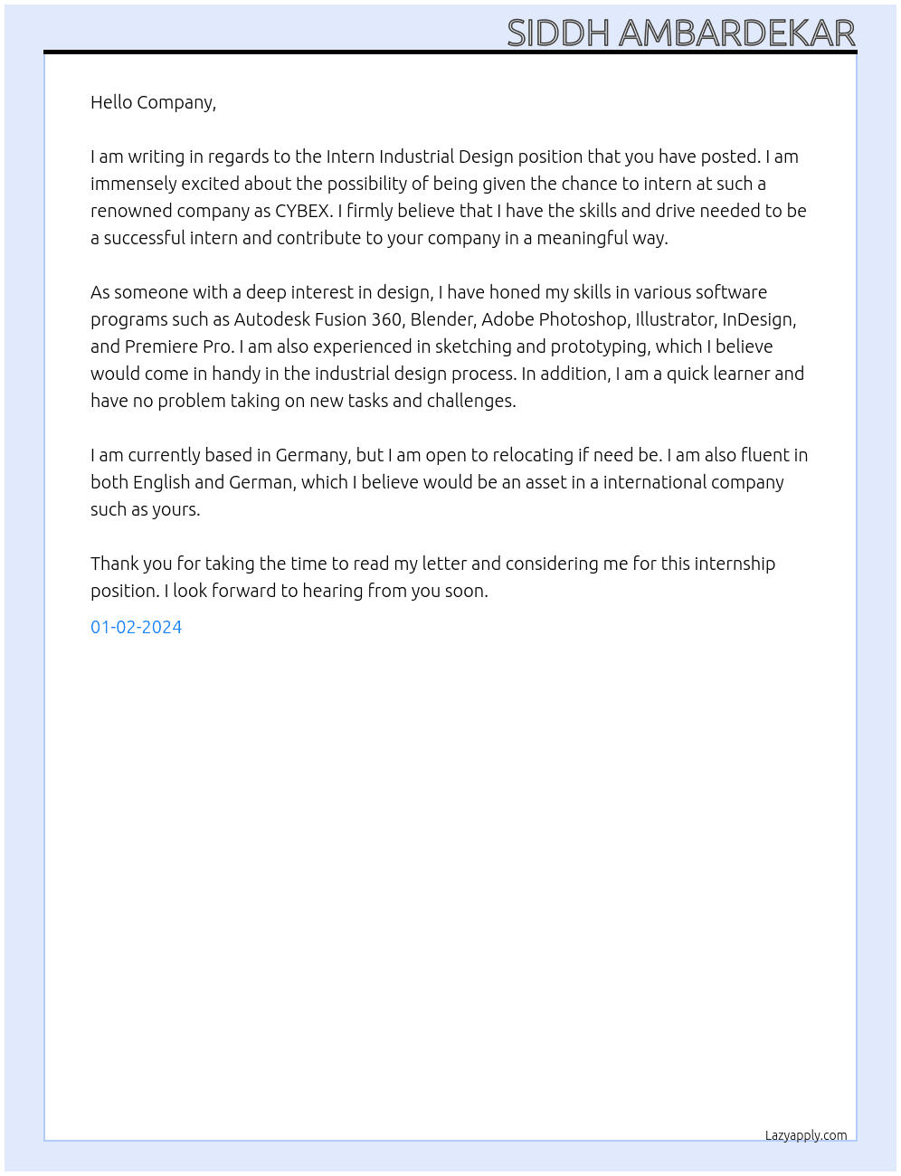 Intern Industrial Design At CYBEX Cover Letter