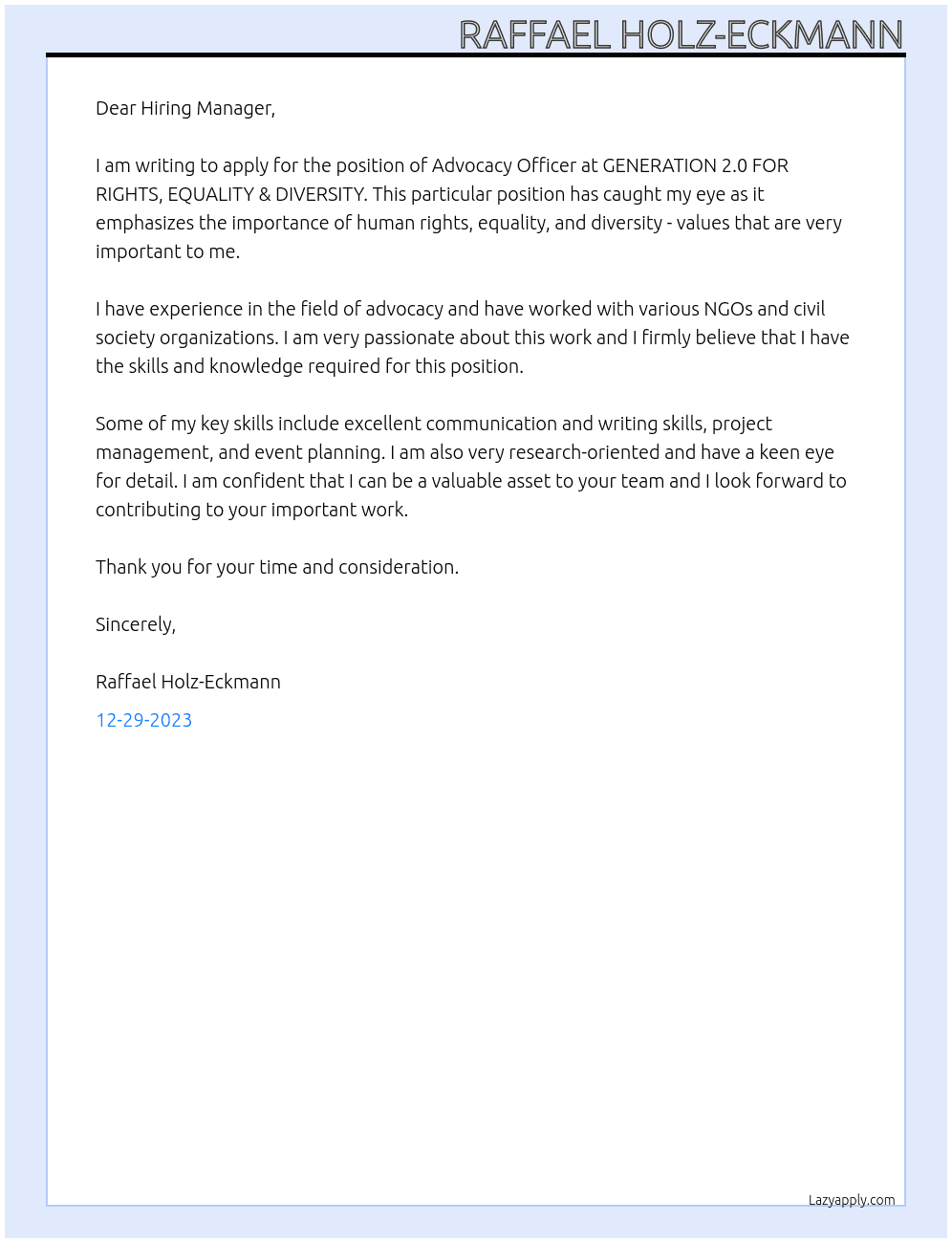 advocacy officer At GENERATION 2.0 FOR RIGHTS, EQUALITY & DIVERSITY Cover Letter