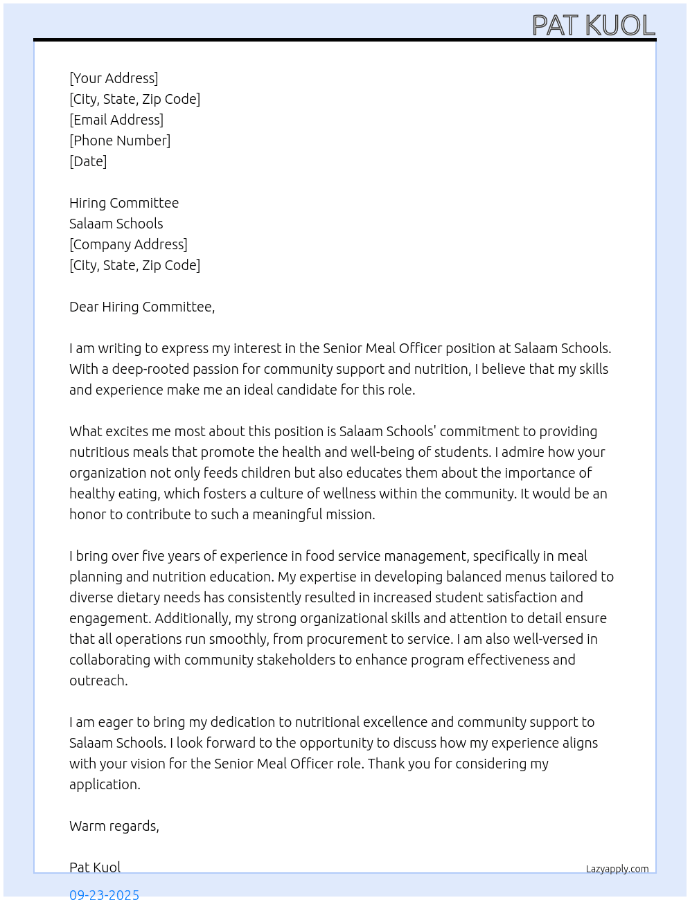 Senior Meal officer At Salaam schools Cover Letter