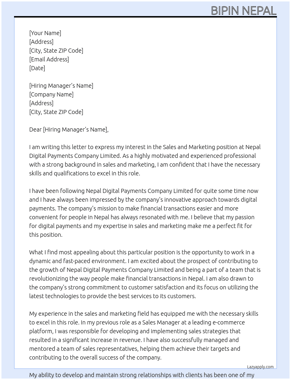 Sales and marketing  At Nepal Digital Payments Company Limited  Cover Letter