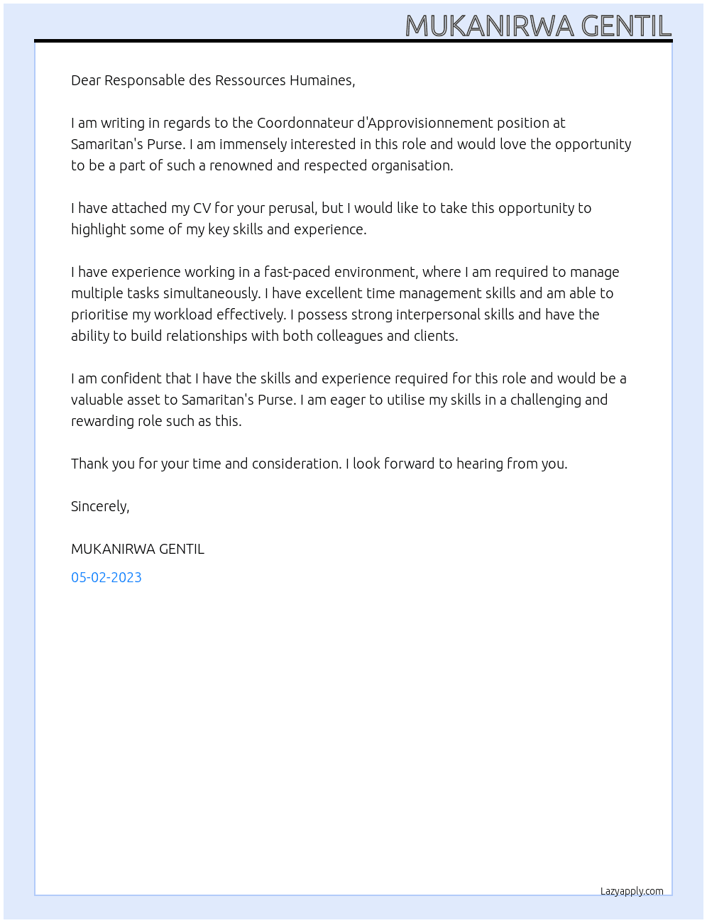 Coordonnateur d'Approvisionnement At Samaritan's Purse Cover Letter