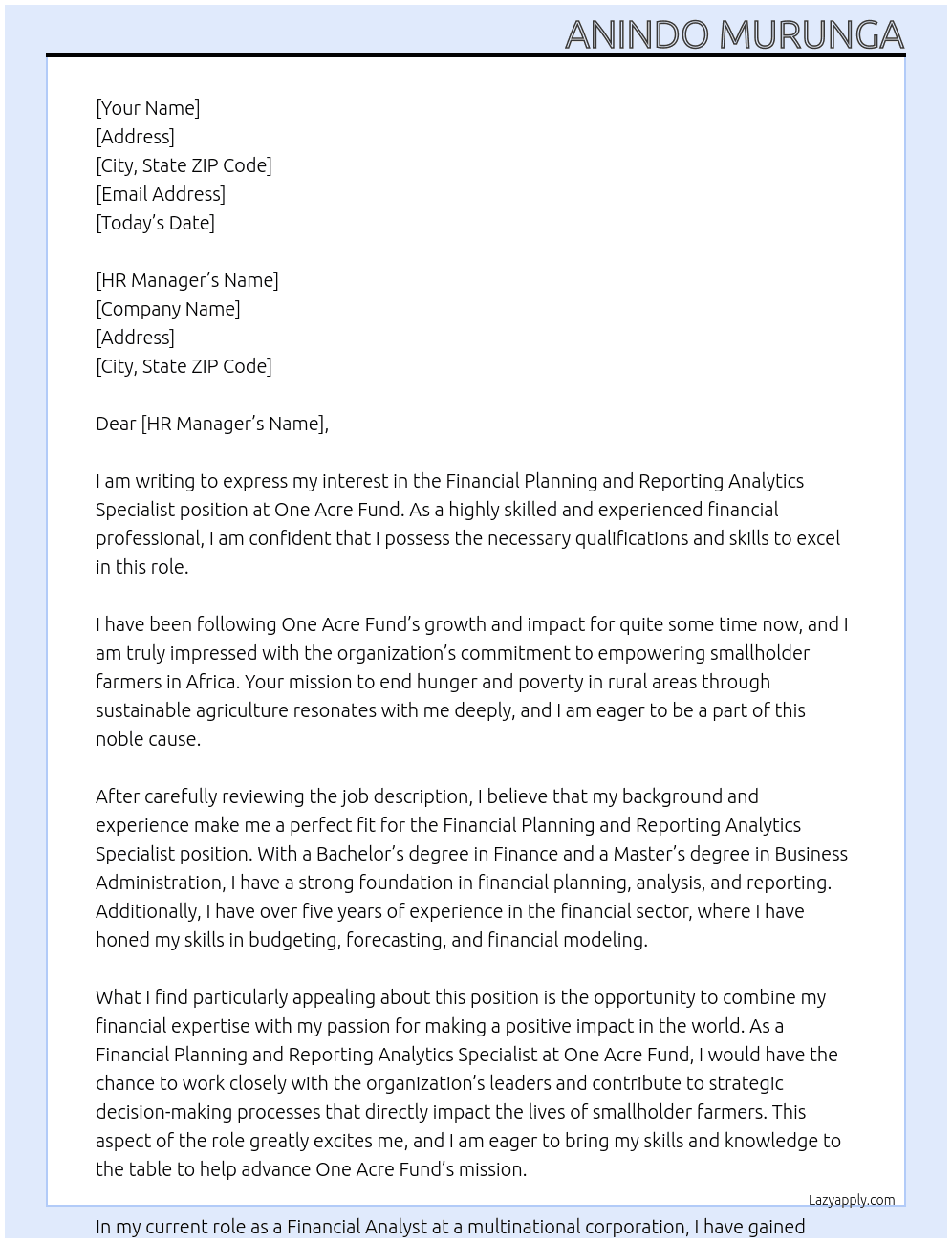 Cover letter for financial planning and reporting analytics specialist - LazyApply