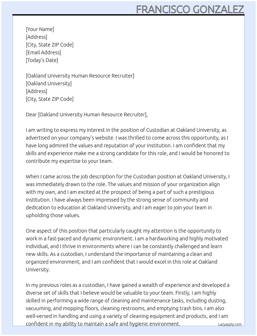 Custodian At Oakland University Cover Letter