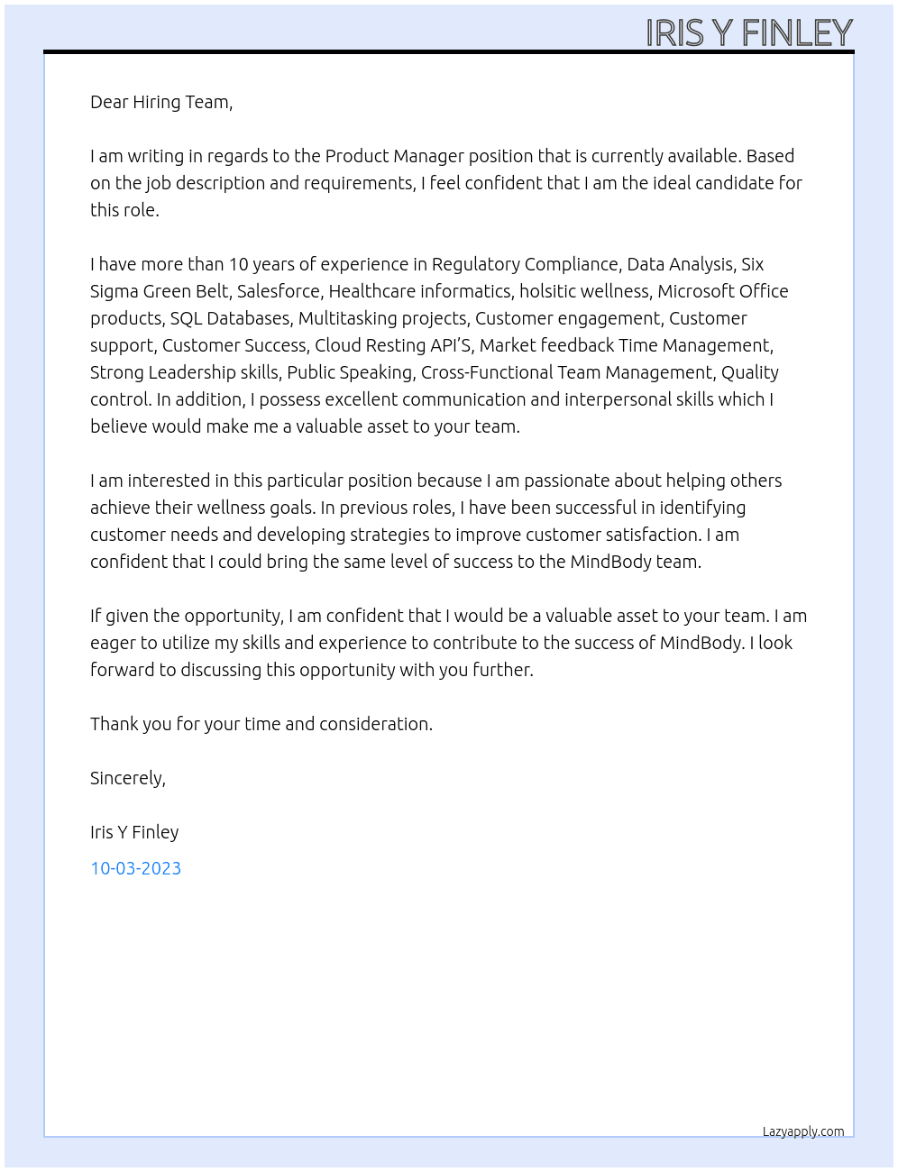 Product manager At MindBody Cover Letter