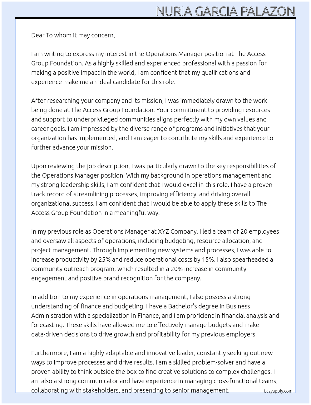 Operations manager At The Access Group Foundation Cover Letter