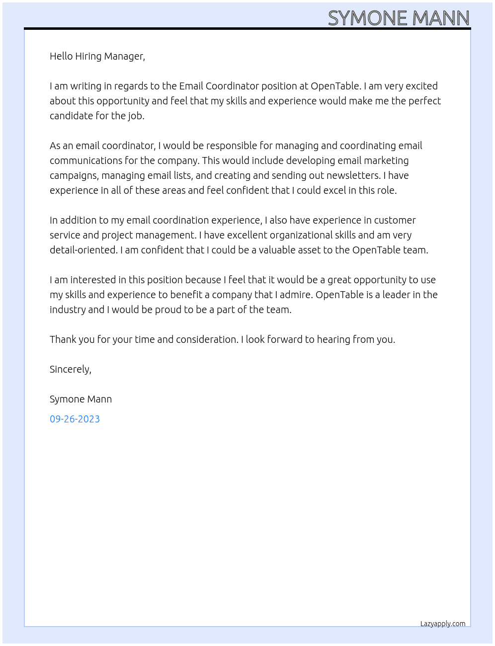 Email Coordinator At OpenTable Cover Letter