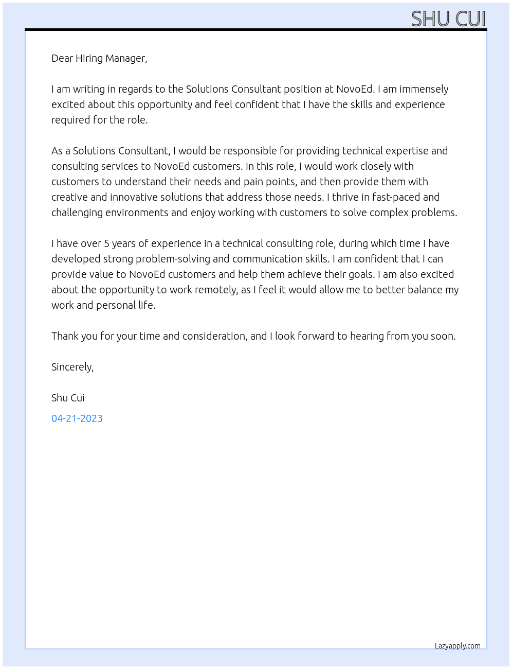 Solutions Consultant At NovoEd Cover Letter