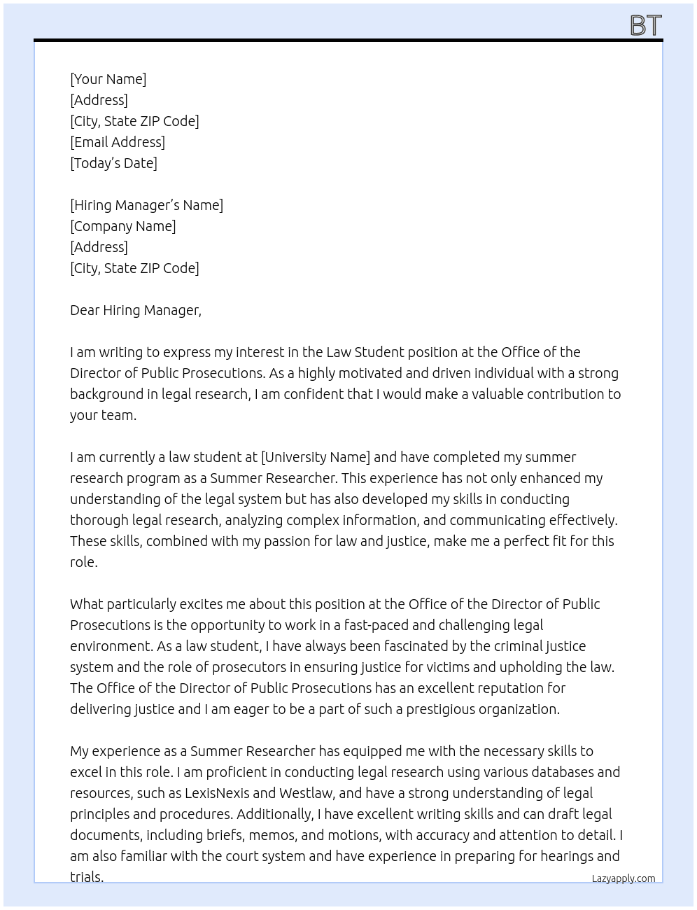 Law Student At office of the director of public prosecutions Cover Letter