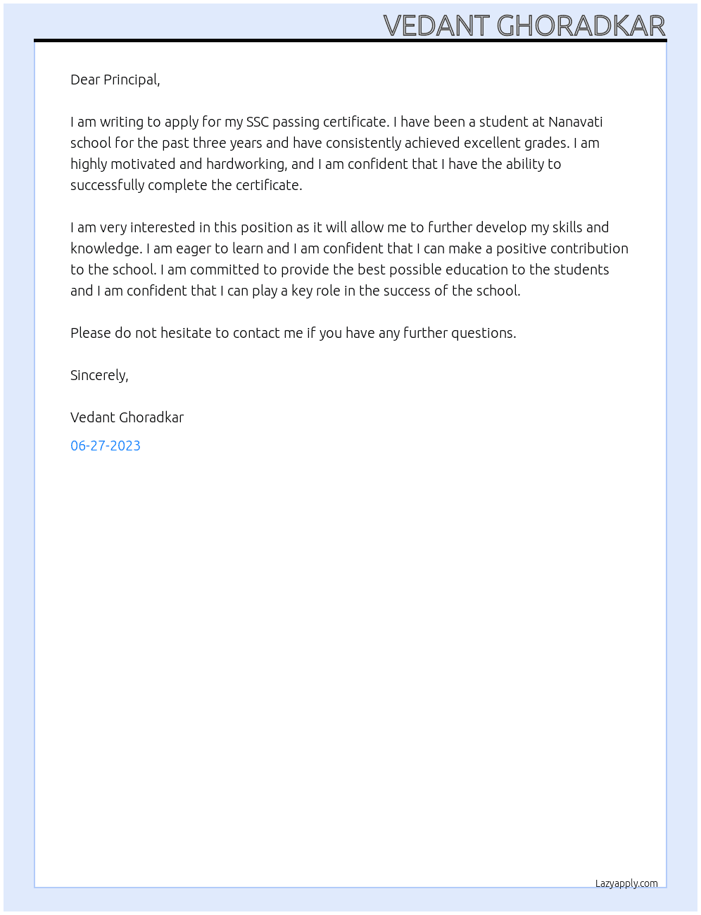 Applying for SSC passing certificate At Nanavati school Cover Letter