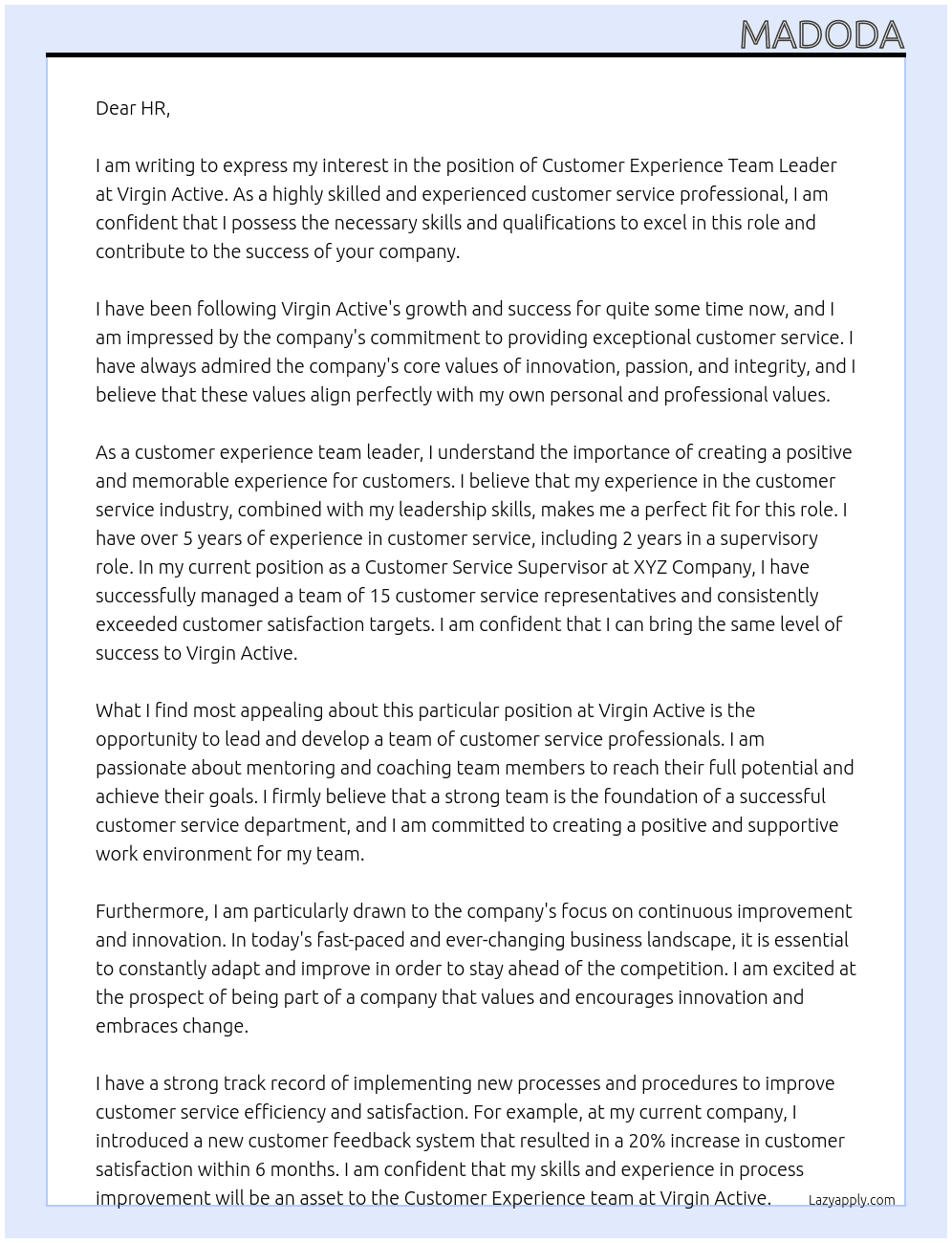 Customer Experience Team Leader At Virgin Active Cover Letter