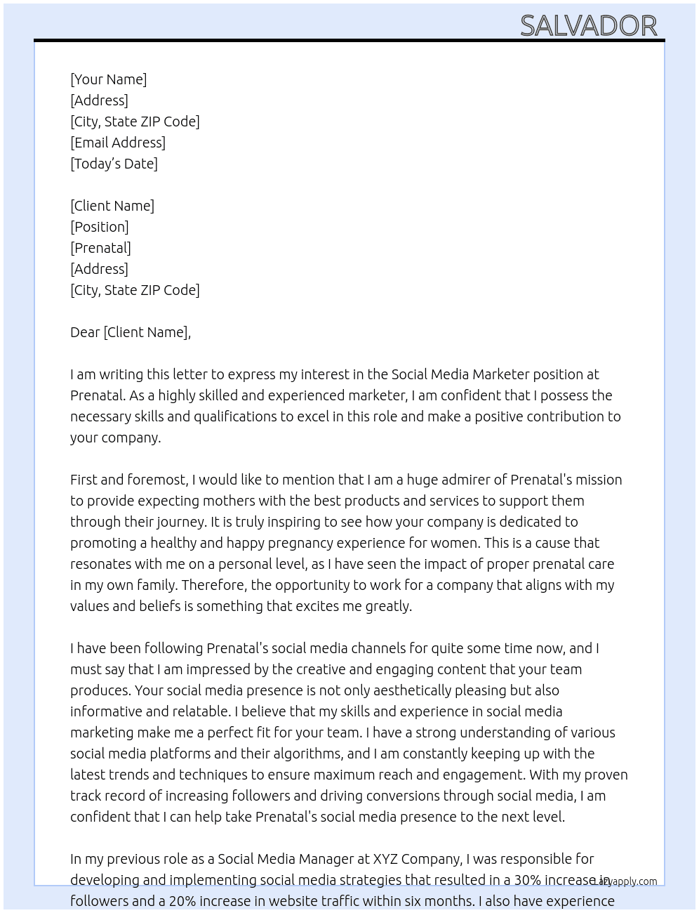 Social Media Marketer At Prenatal  Cover Letter