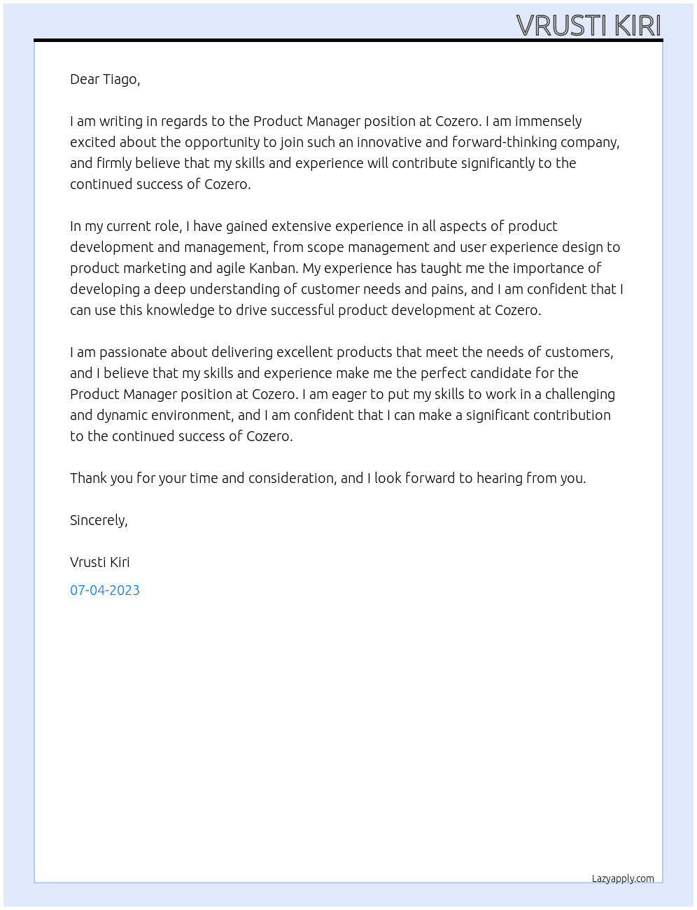 Product Manager At cozero Cover Letter